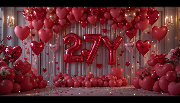 Birthday celebration background featuring red number twenty seven balloons and heart decor set.