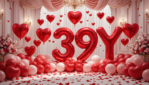Festive thirty nine anniversary display with giant red balloons and abundant floral arrangements.