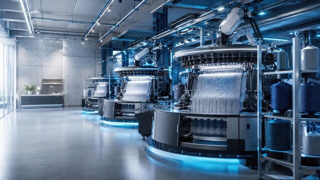 Modern industrial textile factory interior featuring advanced automated circular knitting machines in a clean high tech production facility
