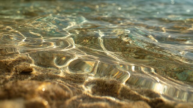 Sunlight patterns on sandy seabed during shallow water tide with clear ripples