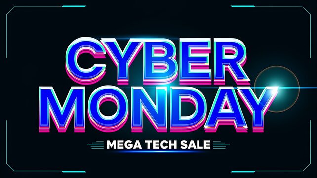 Cyber monday mega tech sale neon style text banner for online shopping