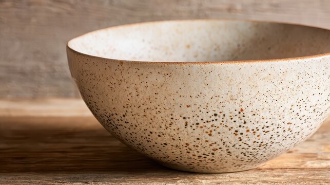 Ceramic bowl with speckled texture resting on rustic wooden surface with soft natural light