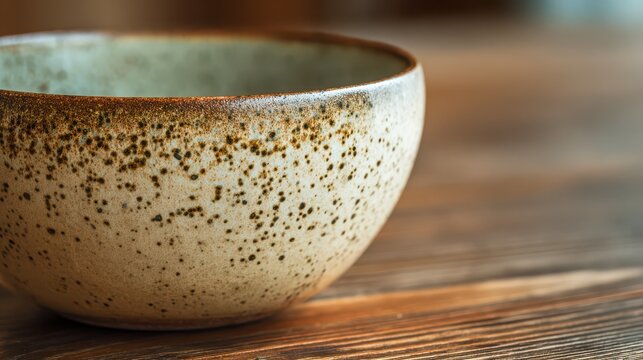 Handcrafted ceramic bowl with speckled glaze resting on a rustic wooden table during soft natural light