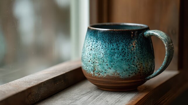 Ceramic coffee mug with speckled blue glaze resting on wooden windowsill with soft window light