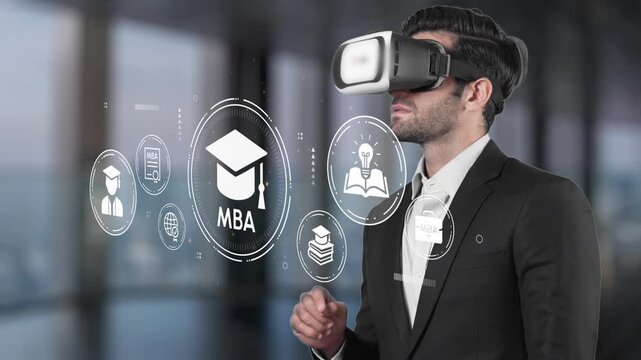 Business professional using virtual reality headset for online education with MBA symbols and icons representing advanced learning concepts in modern environment. Entropy.