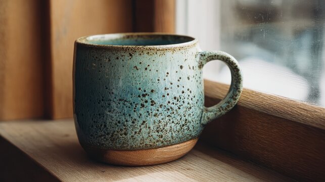 Rustic ceramic mug with speckled blue glaze resting on a wooden windowsill during daytime