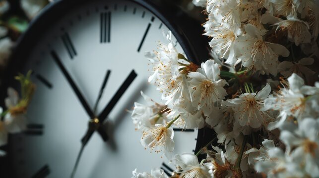 Close-up of a clock face with delicate white blossoms in soft natural light symbolizing the passage of time
