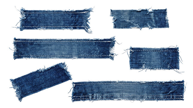 Blue denim jeans fabric tape strips with frayed edges collection