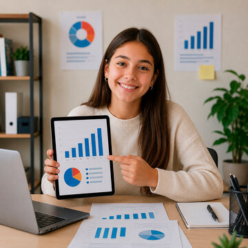 Young girl seated at desk with tablet and laptop, interacting with colorful bar and pie charts, representing curiosity, study, and digital exploration.