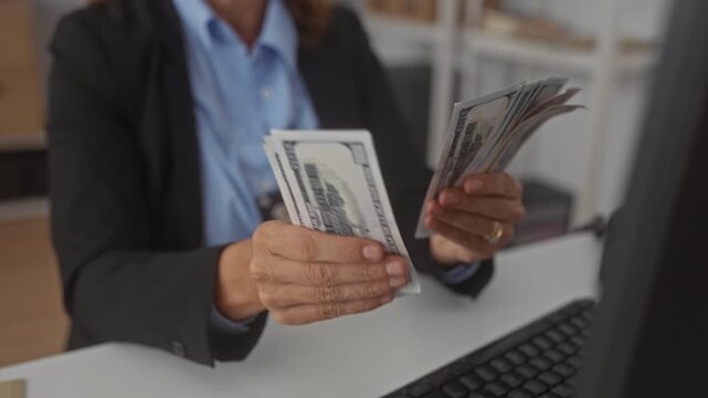 Middle age woman agent counts dollars with hands visible, sorting a stack of us banknotes at office desk with keyboard and badge in building; focused duty.