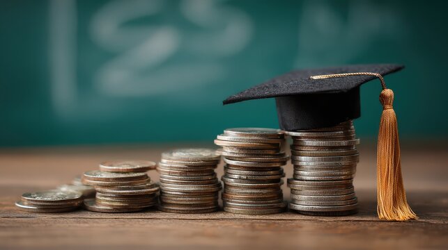 Graduation cap on ascending coin stacks symbolizing educational investment and financial growth against a chalkboard