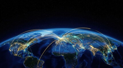 Fototapeta premium Global Network Visualization: A dynamic visualization of the Earth at night, with glowing lines connecting major cities, illustrating a vast interconnected global network of communication and travel.