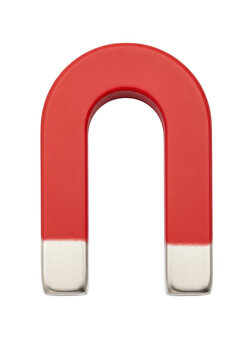 A single red and silver horseshoe magnet used for science experiments and metal attraction isolated on transparent background