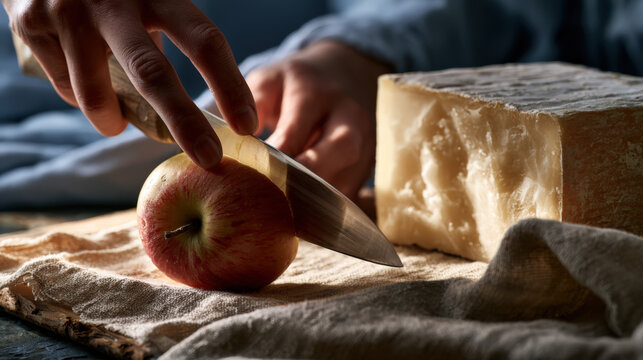 Hand cuts apple on rustic cloth