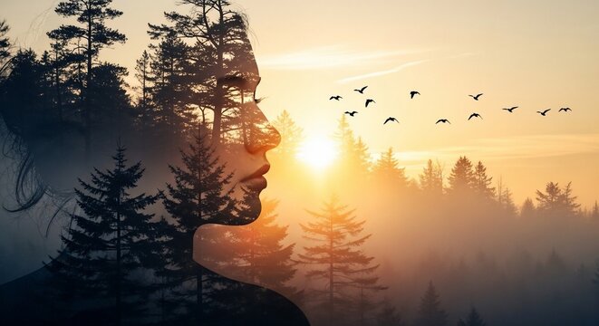Woman silhouette forest double exposure sunrise