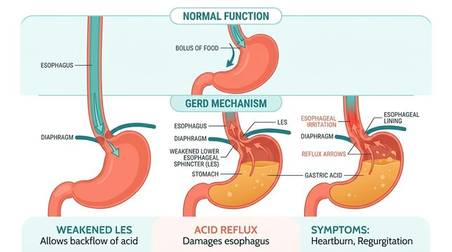 Cross-section of gastroesophageal reflux disease (GERD) mechanism with lower esophageal sphincter