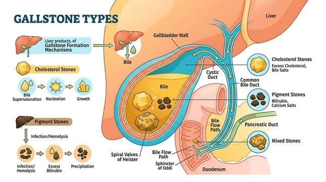 Gallstone types and formation mechanism in gallbladder cross-section anatomy
