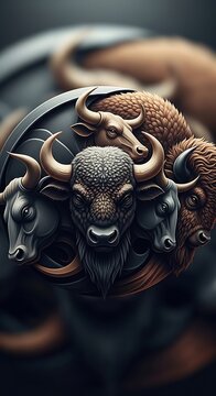 Artistic composition of multiple bull and buffalo heads