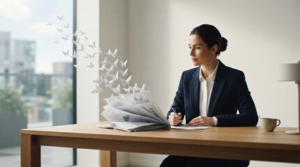 Fototapeta premium A focused woman in business attire engaged in creative work at a wooden desk with butterflies emerging from papers