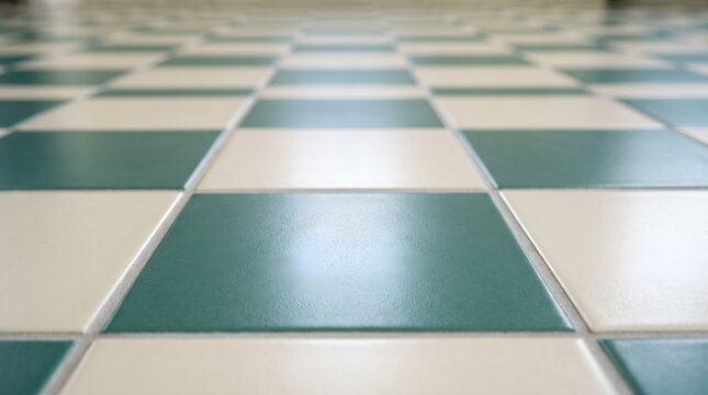 Green and white ceramic floor tiles, with geometric grid checkerboard pattern, extending into blurry perspective, inside retro interior room, architectural background photography