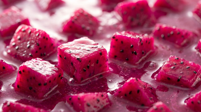 Diced pink dragon fruit cubes, with glossy liquid surface and black seeds, resting in sweet magenta juice, on a studio food background, macro food photography