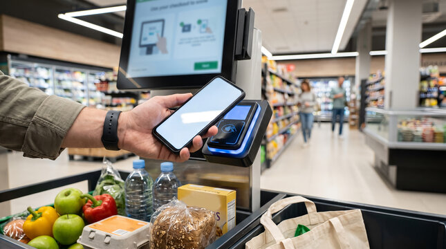 Smartphone contactless payment display, with illuminated terminal scanner screen, holding phone near checkout reader, in a modern supermarket store, retail technology photography