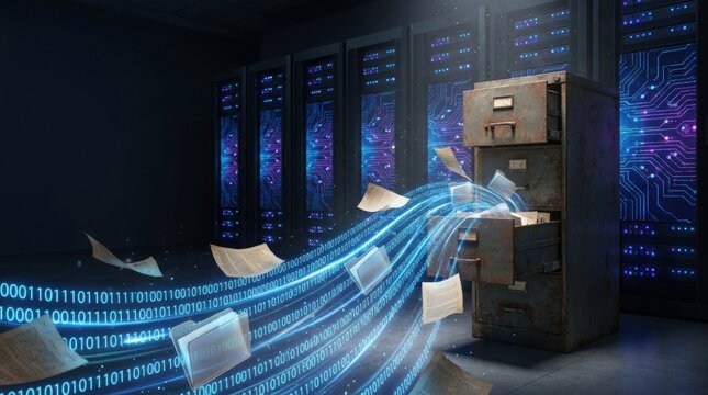 Digital Archive Migration: Futuristic server racks glow with binary code as digital information flows in blue streams from scattered documents into an old-fashioned filing cabinet.