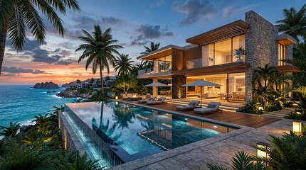 Fototapeta premium Luxury modern villa with infinity pool overlooking the tropical ocean at sunset.
