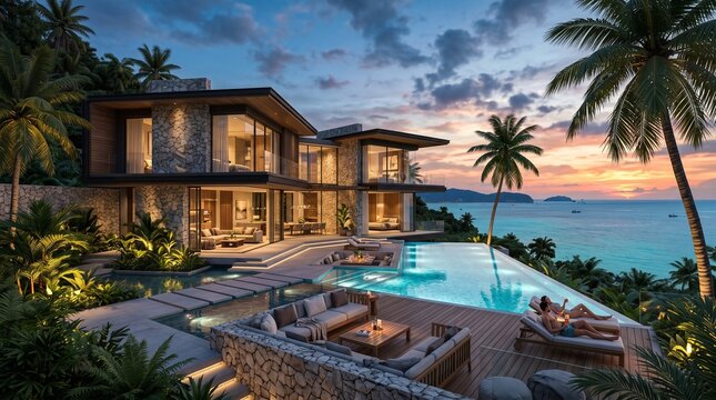 Luxury modern villa with infinity pool overlooking the tropical ocean at sunset.
