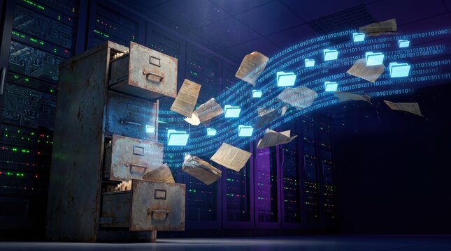 Digital Data Transfer: An old filing cabinet overflows with papers, as digital folders and glowing blue streams transfer information, set against a backdrop of server racks.