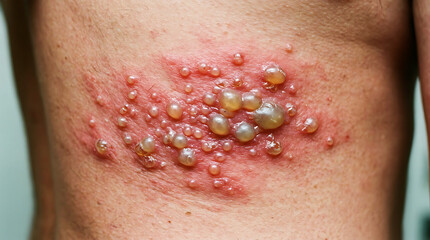 Fototapeta premium Close-up of inflamed skin with fluid-filled blisters