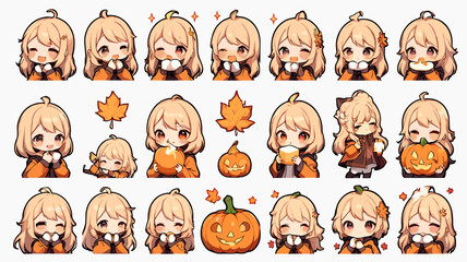 Fototapeta premium A delightful collection of cute chibi anime girls with pumpkin and autumn leaf themes, showcasing various expressions and poses for fall.