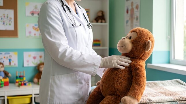 Pediatrician checking plush monkey toy in a bright children medical office