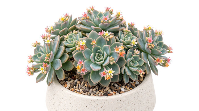 Blooming Echeveria succulent plant in ceramic pot, green rosette succulent with pink and yellow flowers, decorative indoor houseplant for home decor isolated PNG with Transparent Background