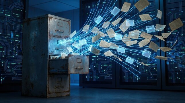 Data Extraction from Filing Cabinet: An old, rusty filing cabinet in a server room bursts with digital data streams, symbolizing information retrieval and data management in a tech-savvy world.