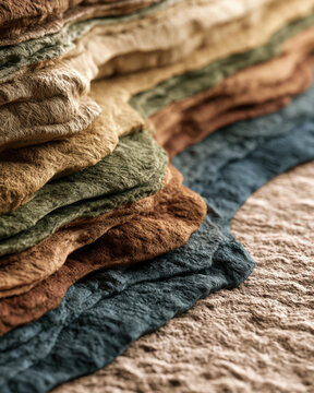 Soft, crumpled fabrics in warm, earthy tones stack gently