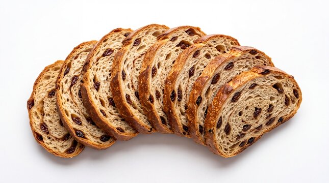 Freshly sliced raisin bread loaf arranged in a row