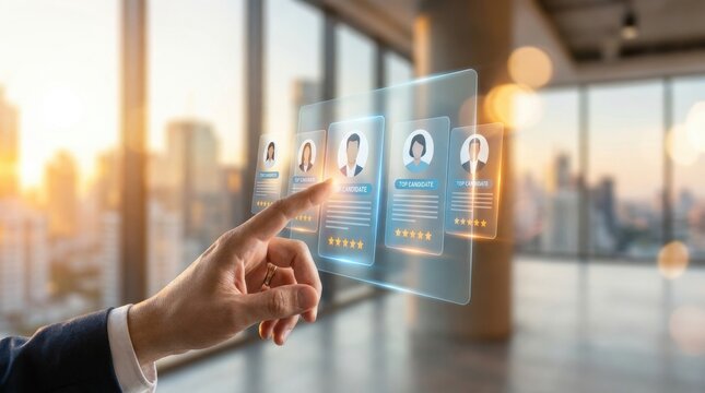 Digital Recruitment Interface: A human finger navigates a futuristic holographic display showcasing employee profiles, symbolizing modern human resources management and talent acquisition.