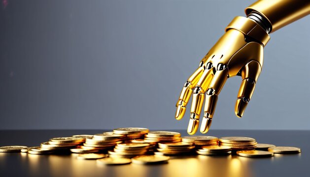 Golden robotic hand reaching for wealth