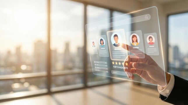 HR Tech for Talent Acquisition: A person's finger touches a digital screen displaying candidate profiles in a modern office with city view, signifying advanced recruitment technology.