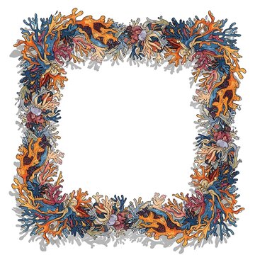 Square decorative frame made of colorful coral illustrations
