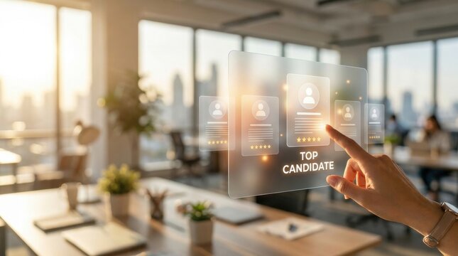 Hiring the Top Candidate: A human hand touches a futuristic holographic interface, displaying candidate profiles and highlighting the TOP CANDIDATE in a modern office setting at sunset.