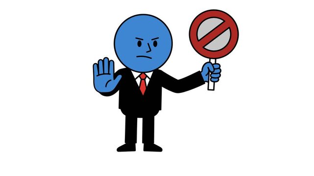 Cartoon businessman holding stop sign, raising hand in prohibition gesture, white background