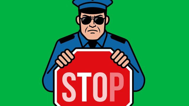 Flat illustration of a stern security guard holding a stop sign, centered against a green background.