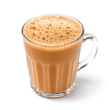 Realistic Malaysian teh tarik with creamy foam isolated on white background at 45 degree angle