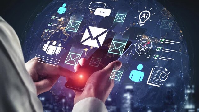 Hands using smartphone with digital mail icons and global communication network in a tech-themed background showcasing modern connectivity and information exchange Gluon.