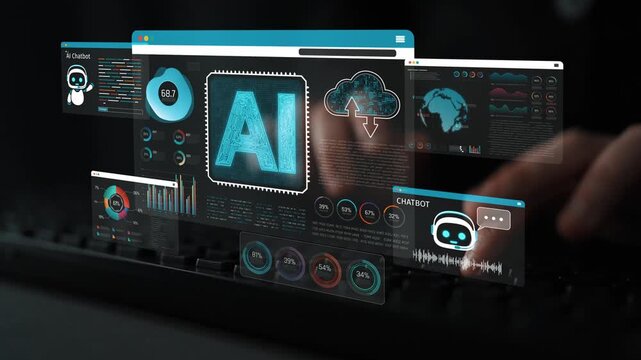 Futuristic Interface Displaying Artificial Intelligence Metrics and Chatbot Features with Interactive Data Visualizations and Digital Panels Sigmoid