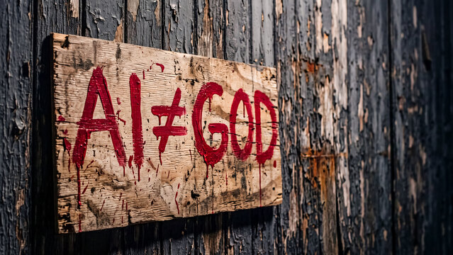Rustic wooden sign with dripping red paint reading AI is not God representing AI ethics debate