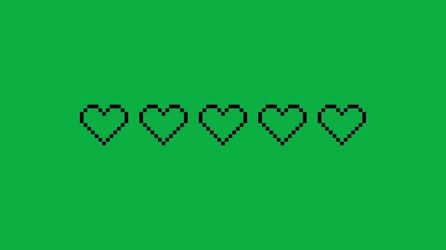 Retro 8 Bit Pixel Heart Health Bar Dynamic Sequence with Depleting Glossy Red Icons and Vibrant Chroma Green Background in 4K video