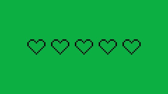 Pixel Heart Health Bar Dynamic Sequence with Retro 8-Bit Life Meter depleting on Green Screen for Gaming Content in 4K video
